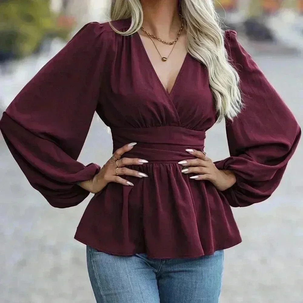 Burgundy Elegant Women's Pleated Lantern Sleeve Blouse - Picture 5 of 6